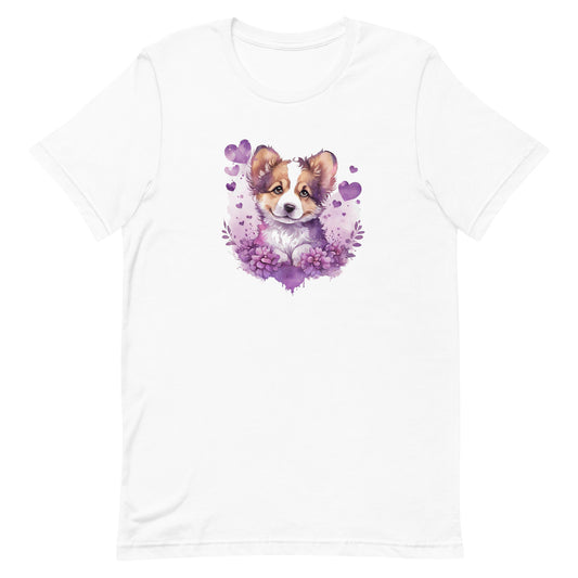 A detailed illustration a print of Lively cute puppy and dog paws,white background, fantasy heart splash, rounded circle, vintage short sleeve crew neck t-shirt design, dark read and Dark Purples and pink colors,on a white background, in the style of Studio Ghibli, cute and quirky, fantasy art, watercolor effect, hand-drawn, digital painting