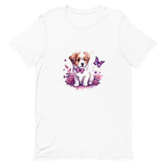 A detailed illustration a print of Lively cute puppy and dog paws,white background, fantasy heart splash, rounded circle, vintage short sleeve crew neck t-shirt design, dark read and Dark Purples and pink colors,on a white background, in the style of Studio Ghibli, cute and quirky, fantasy art, watercolor effect, hand-drawn, digital painting 