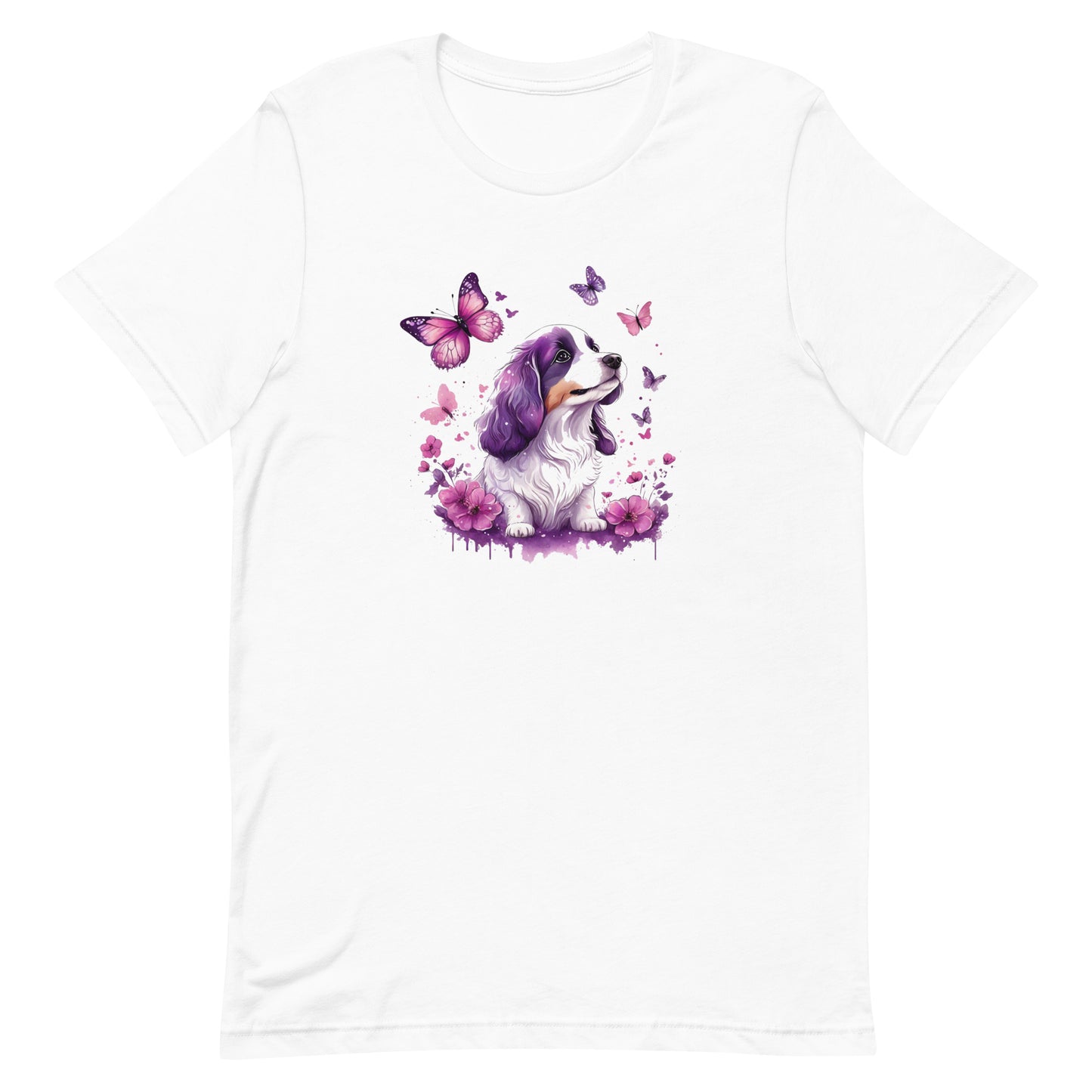 A detailed illustration a print of Lively cute puppy and dog paws,white background, fantasy heart splash, rounded circle, vintage short sleeve crew neck t-shirt design, dark read and Dark Purples and pink colors,on a white background, in the style of Studio Ghibli, cute and quirky, fantasy art, watercolor effect, hand-drawn, digital painting 