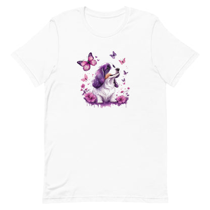 A detailed illustration a print of Lively cute puppy and dog paws,white background, fantasy heart splash, rounded circle, vintage short sleeve crew neck t-shirt design, dark read and Dark Purples and pink colors,on a white background, in the style of Studio Ghibli, cute and quirky, fantasy art, watercolor effect, hand-drawn, digital painting 