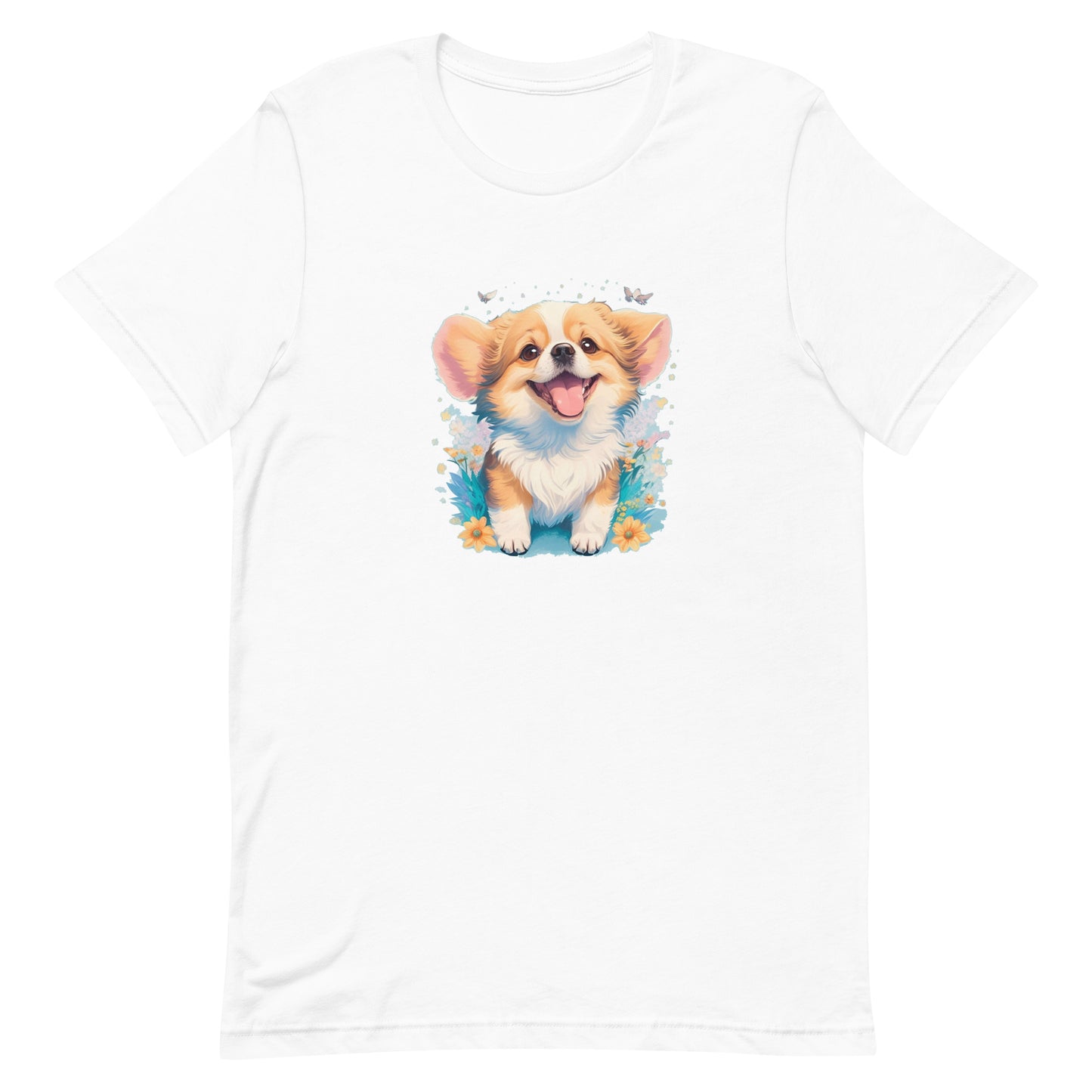 a adorable cute puppy dog with flowers around its neck on a white crew neck short sleeve t-shirt, a detailed drawing, furry art, made of flowers, digital illustration, detailed painting