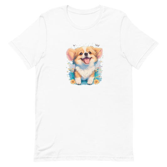 a adorable cute puppy dog with flowers around its neck on a white crew neck short sleeve t-shirt, a detailed drawing, furry art, made of flowers, digital illustration, detailed painting