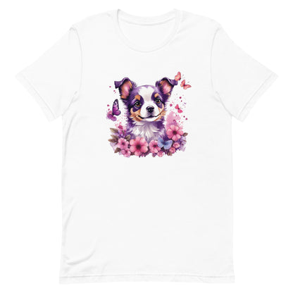 A detailed illustration a print of Lively cute puppy and dog paws,white background, fantasy heart splash, rounded circle, vintage short sleeve crew neck t-shirt design, dark read and Dark Purples and pink colors,on a white background, in the style of Studio Ghibli, cute and quirky, fantasy art, watercolor effect, hand-drawn, digital painting 