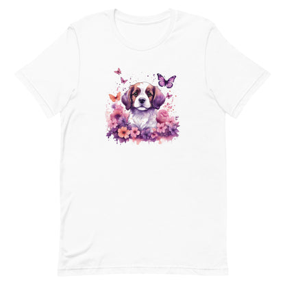 A detailed illustration a print of Lively cute puppy and dog paws,white background, fantasy heart splash, rounded circle, vintage short sleeve crew neck t-shirt design, dark read and Dark Purples and pink colors,on a white background, in the style of Studio Ghibli, cute and quirky, fantasy art, watercolor effect, hand-drawn, digital painting 