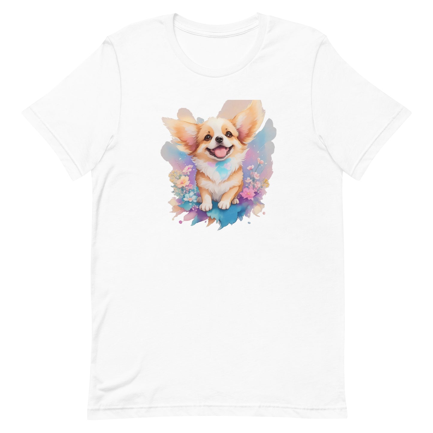 A detailed illustration a print of Lively cute puppy and dog paws,white background, fantasy heart splash, rounded circle, vintage short sleeve crew neck t-shirt design, dark read and Dark Purples and pink colors,on a white background, in the style of Studio Ghibli, cute and quirky, fantasy art, watercolor effect, hand-drawn, digital painting 