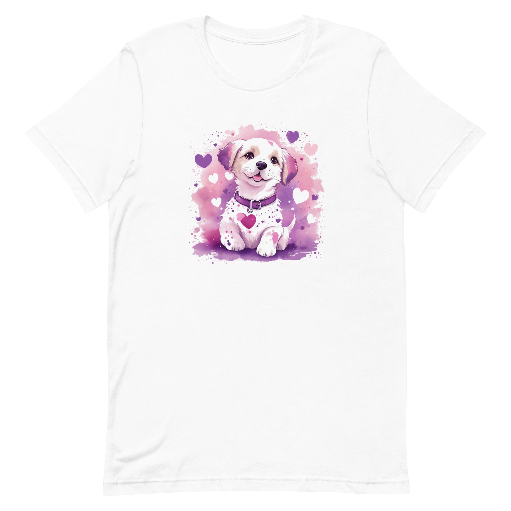 A detailed illustration a print of Lively cute puppy and dog paws,white background, fantasy heart splash, rounded circle, vintage short sleeve crew neck t-shirt design, dark read and Dark Purples and pink colors,on a white background, in the style of Studio Ghibli, cute and quirky, fantasy art, watercolor effect, hand-drawn, digital painting 