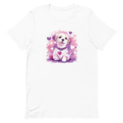 A detailed illustration a print of Lively cute puppy and dog paws,white background, fantasy heart splash, rounded circle, vintage short sleeve crew neck t-shirt design, dark read and Dark Purples and pink colors,on a white background, in the style of Studio Ghibli, cute and quirky, fantasy art, watercolor effect, hand-drawn, digital painting 