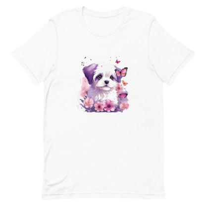 A detailed illustration a print of Lively cute puppy and dog paws,white background, fantasy heart splash, rounded circle, vintage short sleeve crew neck t-shirt design, dark read and Dark Purples and pink colors,on a white background, in the style of Studio Ghibli, cute and quirky, fantasy art, watercolor effect, hand-drawn, digital painting 