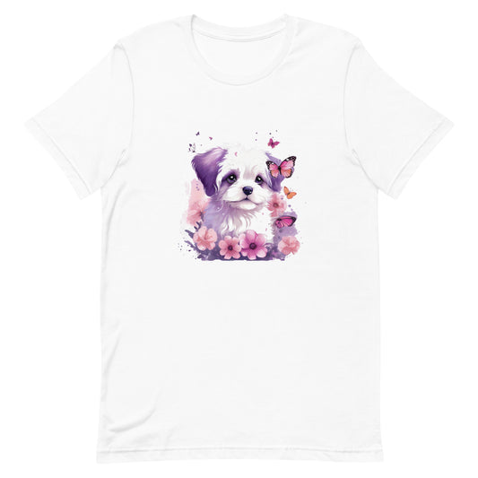 A detailed illustration a print of Lively cute puppy and dog paws,white background, fantasy heart splash, rounded circle, vintage short sleeve crew neck t-shirt design, dark read and Dark Purples and pink colors,on a white background, in the style of Studio Ghibli, cute and quirky, fantasy art, watercolor effect, hand-drawn, digital painting 