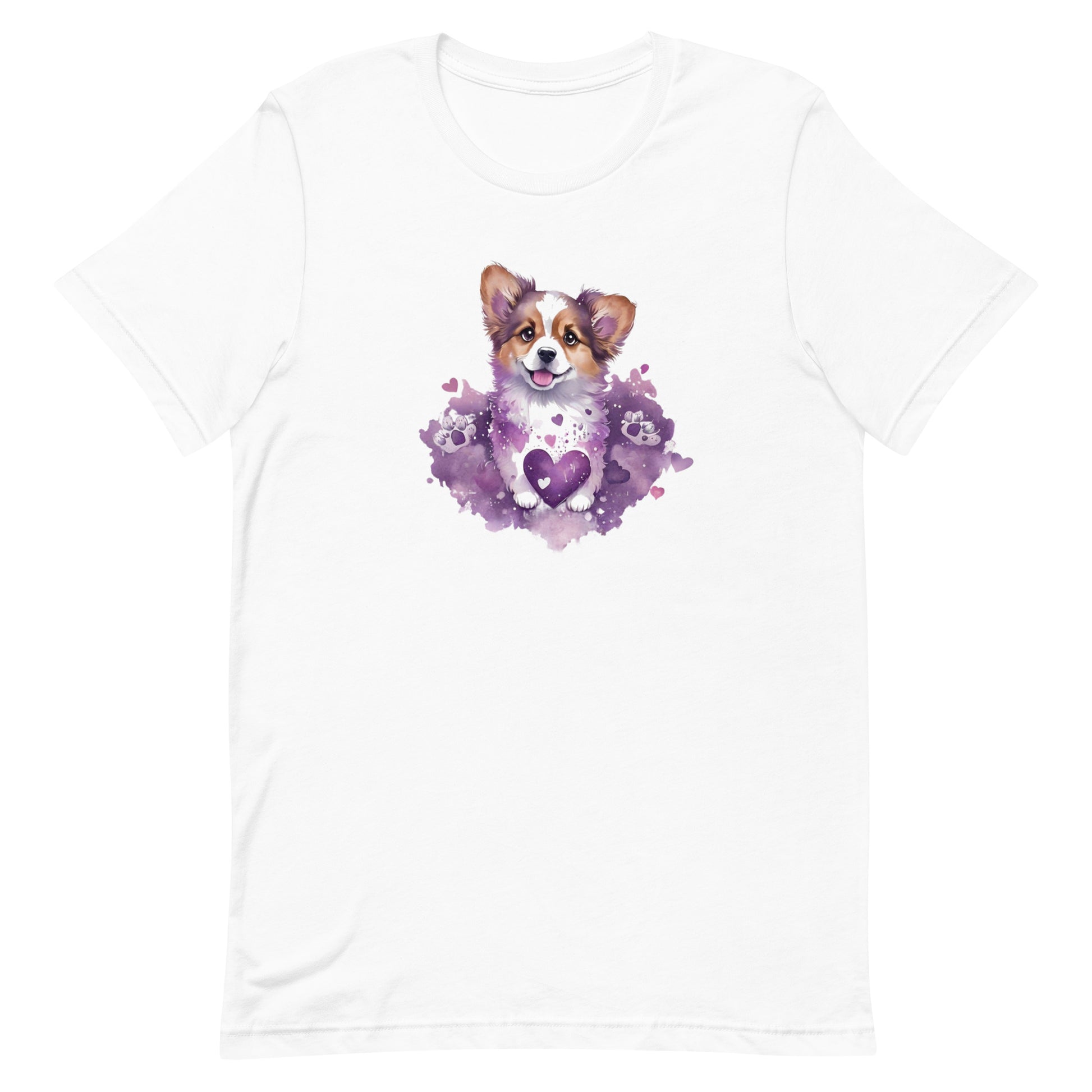 A detailed illustration a print of Lively cute puppy and dog paws,white background, fantasy heart splash, rounded circle, vintage short sleeve crew neck t-shirt design, dark read and Dark Purples and pink colors,on a white background, in the style of Studio Ghibli, cute and quirky, fantasy art, watercolor effect, hand-drawn, digital painting 