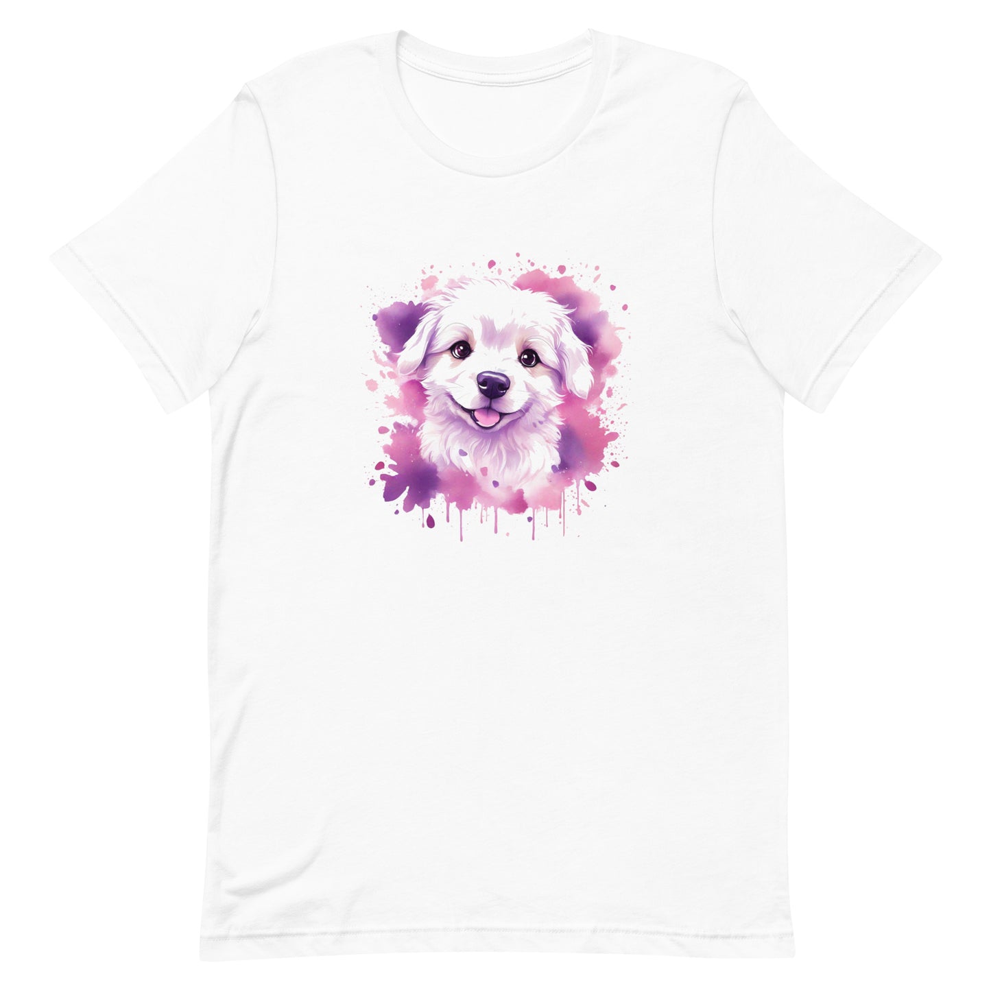 A detailed illustration a print of Lively cute puppy and dog paws,white background, fantasy heart splash, rounded circle, vintage short sleeve crew neck t-shirt design, dark read and Dark Purples and pink colors,on a white background, in the style of Studio Ghibli, cute and quirky, fantasy art, watercolor effect, hand-drawn, digital painting