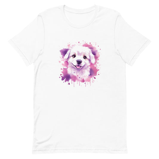 A detailed illustration a print of Lively cute puppy and dog paws,white background, fantasy heart splash, rounded circle, vintage short sleeve crew neck t-shirt design, dark read and Dark Purples and pink colors,on a white background, in the style of Studio Ghibli, cute and quirky, fantasy art, watercolor effect, hand-drawn, digital painting