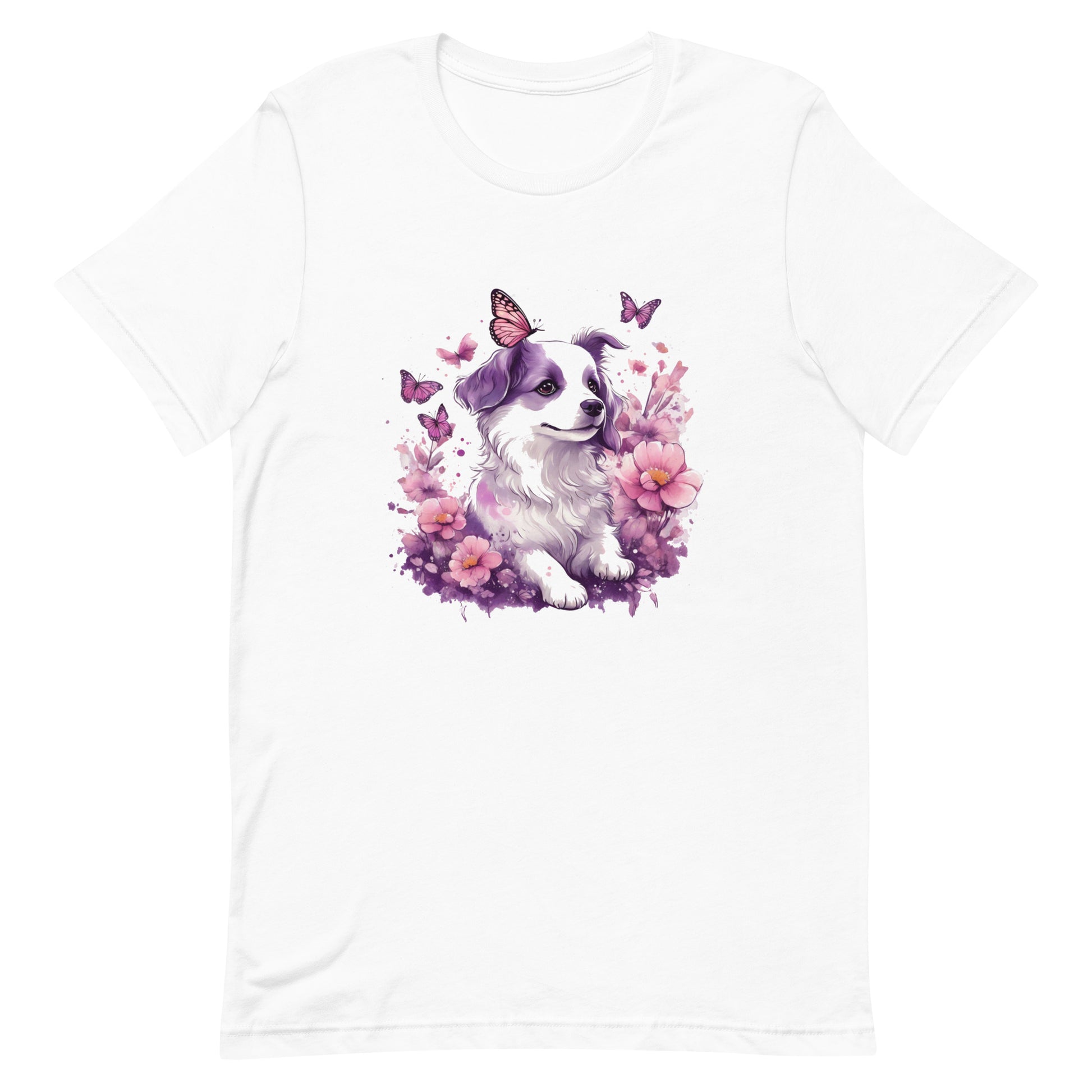 A detailed illustration a print of Lively cute puppy and dog paws,white background, fantasy heart splash, rounded circle, vintage short sleeve crew neck t-shirt design, dark read and Dark Purples and pink colors,on a white background, in the style of Studio Ghibli, cute and quirky, fantasy art, watercolor effect, hand-drawn, digital painting 