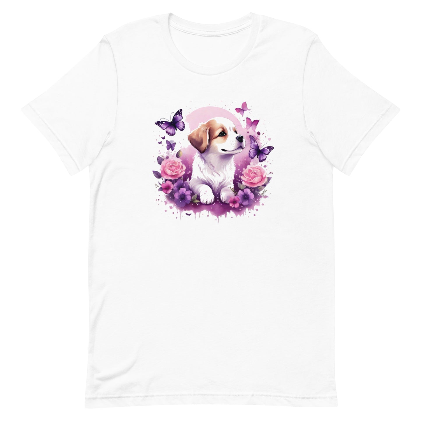 A detailed illustration a print of Lively cute puppy and dog paws,white background, fantasy heart splash, rounded circle, vintage short sleeve crew neck t-shirt design, dark read and Dark Purples and pink colors,on a white background, in the style of Studio Ghibli, cute and quirky, fantasy art, watercolor effect, hand-drawn, digital painting 