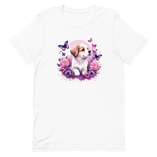 A detailed illustration a print of Lively cute puppy and dog paws,white background, fantasy heart splash, rounded circle, vintage short sleeve crew neck t-shirt design, dark read and Dark Purples and pink colors,on a white background, in the style of Studio Ghibli, cute and quirky, fantasy art, watercolor effect, hand-drawn, digital painting 