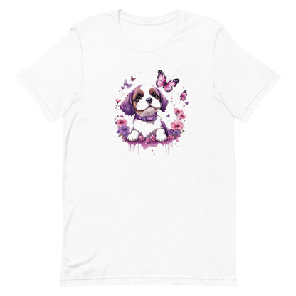 A detailed illustration a print of Lively cute puppy and dog paws,white background, fantasy heart splash, rounded circle, vintage short sleeve crew neck t-shirt design, dark read and Dark Purples and pink colors,on a white background, in the style of Studio Ghibli, cute and quirky, fantasy art, watercolor effect, hand-drawn, digital painting