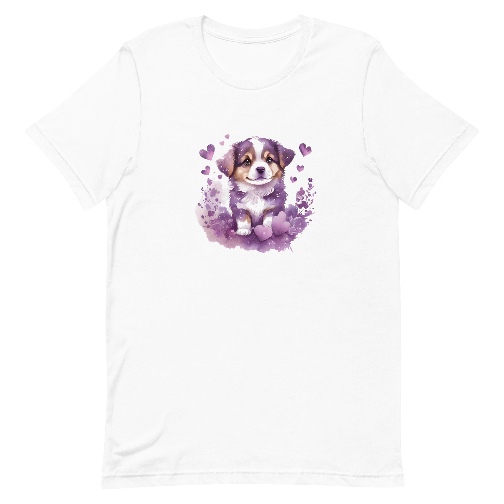 A detailed illustration a print of Lively cute puppy and dog paws,white background, fantasy heart splash, rounded circle, vintage short sleeve crew neck t-shirt design, dark read and Dark Purples and pink colors,on a white background, in the style of Studio Ghibli, cute and quirky, fantasy art, watercolor effect, hand-drawn, digital painting 