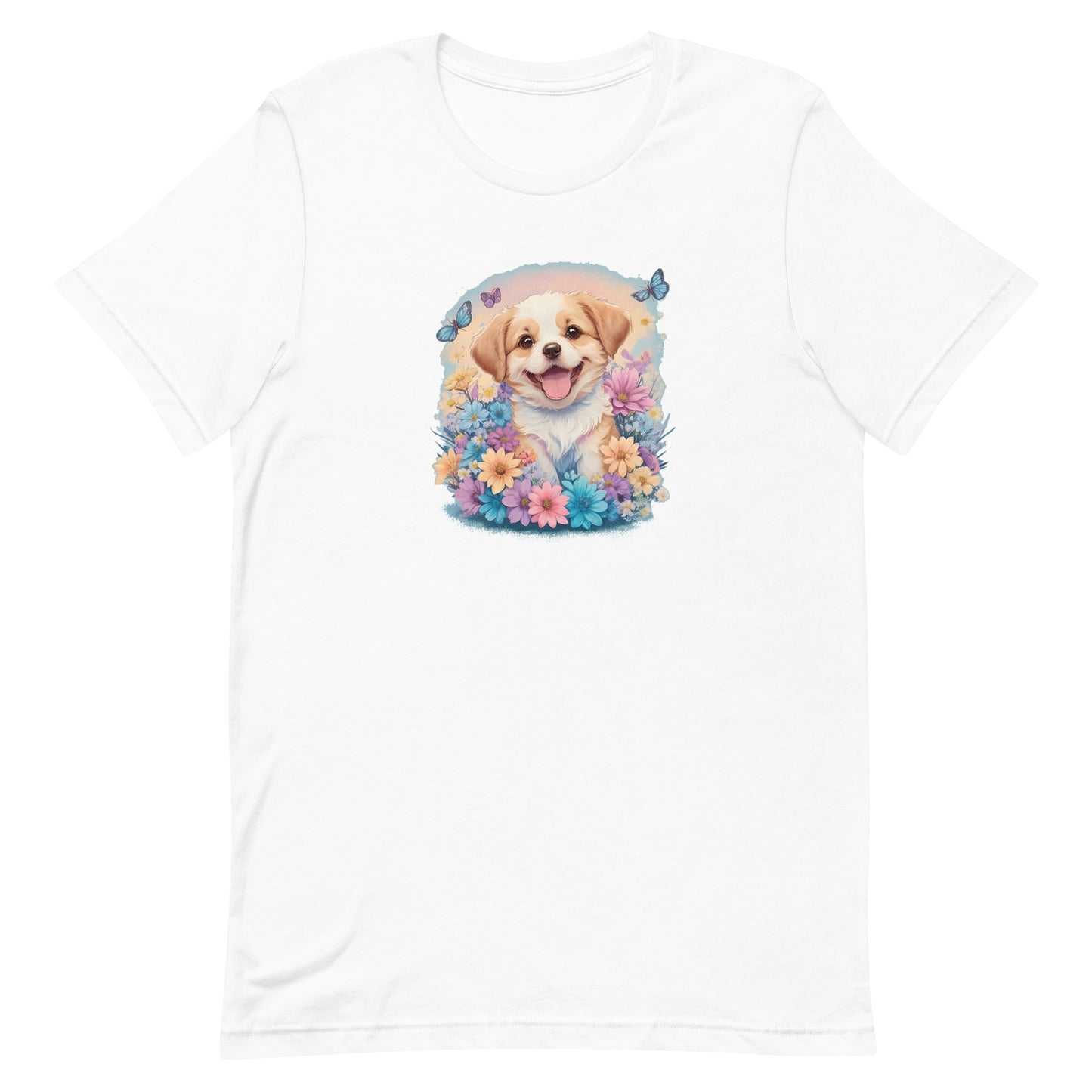 A detailed illustration a print of Lively cute puppy and dog paws,white background, fantasy heart splash, rounded circle, vintage short sleeve crew neck t-shirt design, dark read and Dark Purples and pink colors,on a white background, in the style of Studio Ghibli, cute and quirky, fantasy art, watercolor effect, hand-drawn, digital painting 