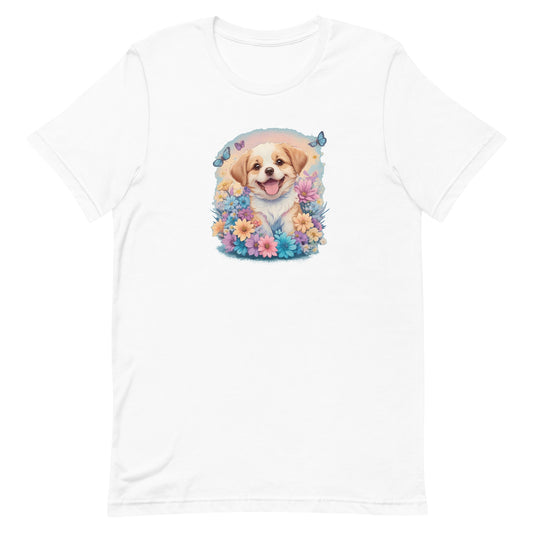 A detailed illustration a print of Lively cute puppy and dog paws,white background, fantasy heart splash, rounded circle, vintage short sleeve crew neck t-shirt design, dark read and Dark Purples and pink colors,on a white background, in the style of Studio Ghibli, cute and quirky, fantasy art, watercolor effect, hand-drawn, digital painting 