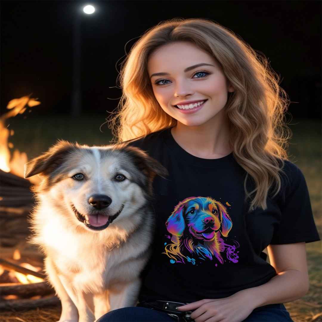 neon colors, cartoon style illustration of a cute adorable Golden dog face how the dog sees the world while experiencing dog life, on a black crew neck short sleeve t-shirt, a detailed drawing, furry art digital illustration, detailed painting design, vibrate  color palette, in the style of Studio Ghibli, cute and quirky