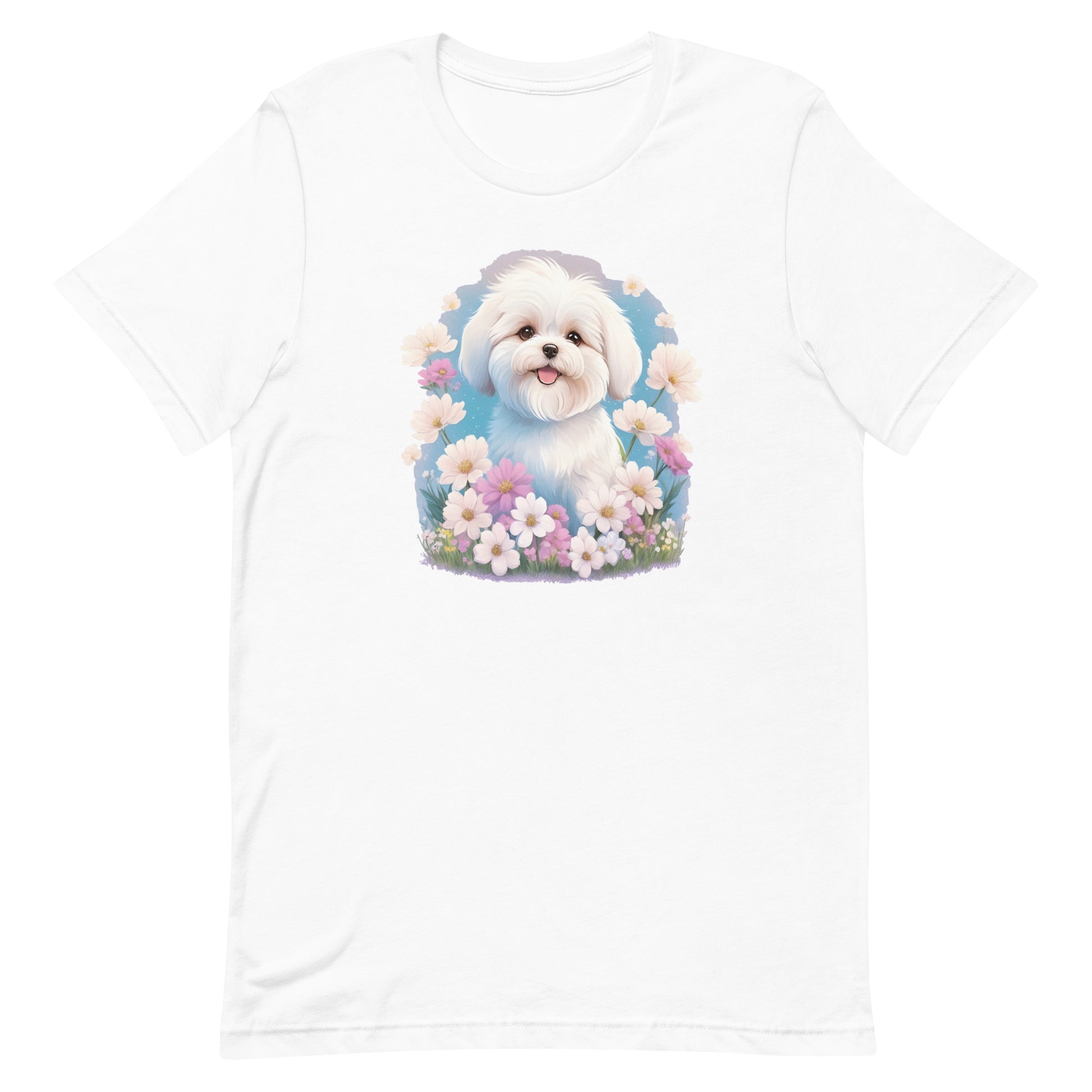 White cotton crew neck unisex short sleeve tshirt, on the apparel is a detailed kawaii illustration print of a lively cute adorable coton de tulear surrounded by floral arrangement in a wicker basket. The design brings a touch of color, warmth, and charm in pastel color palette to the shirt print.