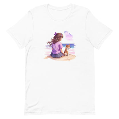 A detailed kawaii illustration a print of Lively cute puppy girl Beach Human back sit Back view ,white background, fantasy, vintage short sleeve crew neck t-shirt design, dark read and Dark Purples and pink colors, on a white background, in kawaii style, cute and quirky, fantasy art, watercolor effect, hand-drawn, digital painting 