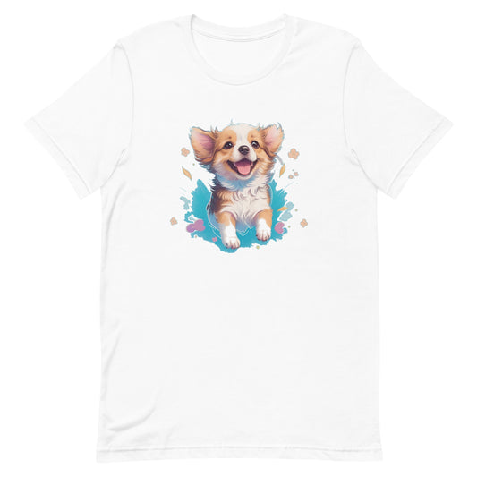 a adorable cute puppy dog with flowers around its neck on a white crew neck short sleeve t-shirt, a detailed drawing, furry art, made of flowers, digital illustration, detailed painting