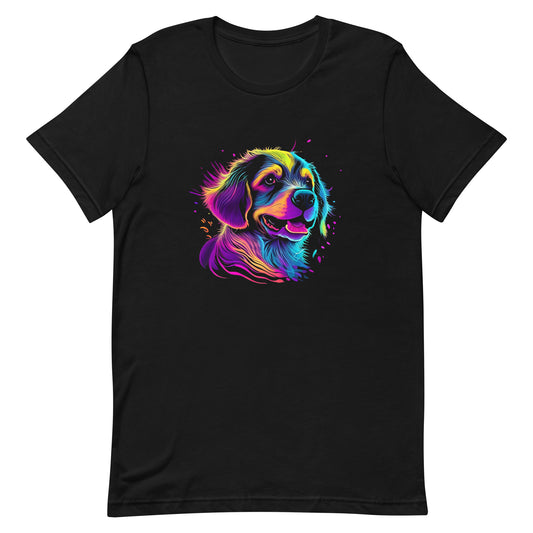 neon colors, cartoon style illustration of a cute adorable Golden´s dog face how the dog sees the world while experiencing dog life, on a black crew neck short sleeve t-shirt, a detailed drawing, furry art digital illustration, detailed painting design, vibrate  color palette, in the style of Studio Ghibli, cute and quirky.