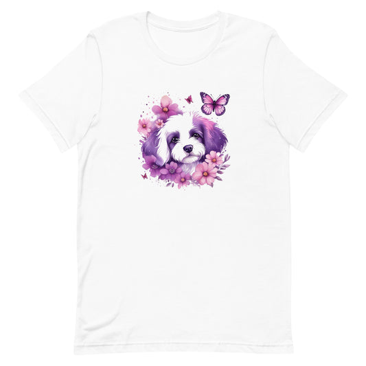 A detailed illustration a print of Lively cute puppy and dog paws,white background, fantasy heart splash, rounded circle, vintage short sleeve crew neck t-shirt design, dark read and Dark Purples and pink colors,on a white background, in the style of Studio Ghibli, cute and quirky, fantasy art, watercolor effect, hand-drawn, digital painting 