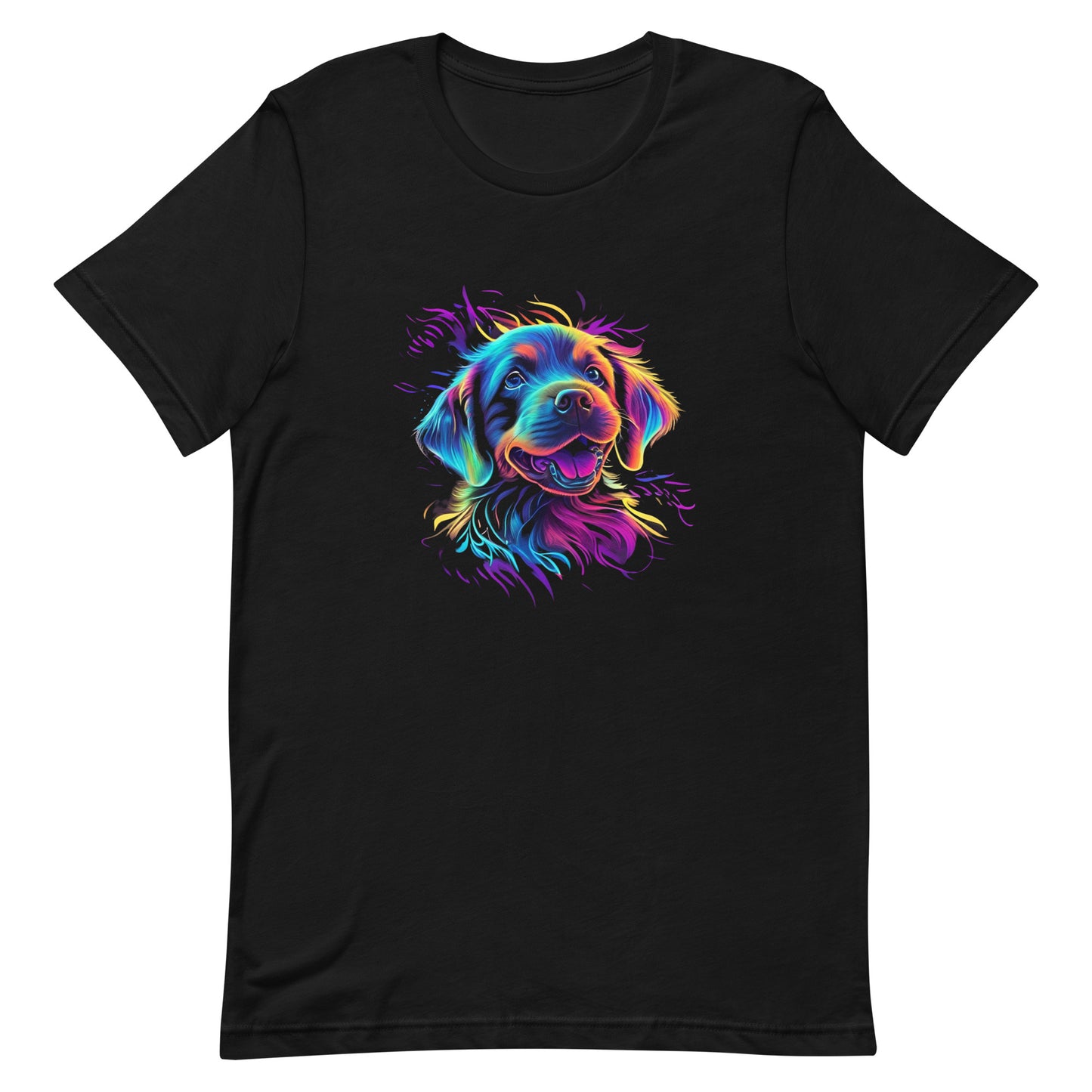 neon colors, cartoon style illustration of a cute adorable dog face how the dog sees the world while experiencing dog life, on a black crew neck short sleeve t-shirt, a detailed drawing, furry art digital illustration, detailed painting design, vibrate  color palette, in the style of Studio Ghibli, cute and quirky.