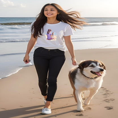 A detailed kawaii illustration a print of Lively cute puppy girl Beach Human back sit Back view ,white background, fantasy, vintage short sleeve crew neck t-shirt design, dark read and Dark Purples and pink colors, on a white background, in kawaii style, cute and quirky, fantasy art, watercolor effect, hand-drawn, digital painting 