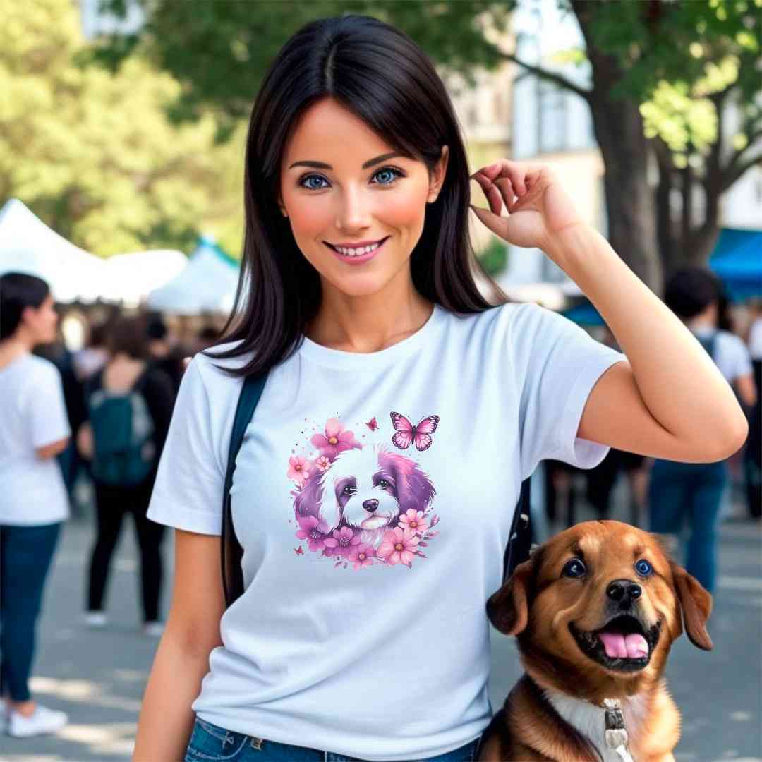 A detailed illustration a print of Lively cute puppy and dog paws,white background, fantasy heart splash, rounded circle, vintage short sleeve crew neck t-shirt design, dark read and Dark Purples and pink colors,on a white background, in the style of Studio Ghibli, cute and quirky, fantasy art, watercolor effect, hand-drawn, digital painting 