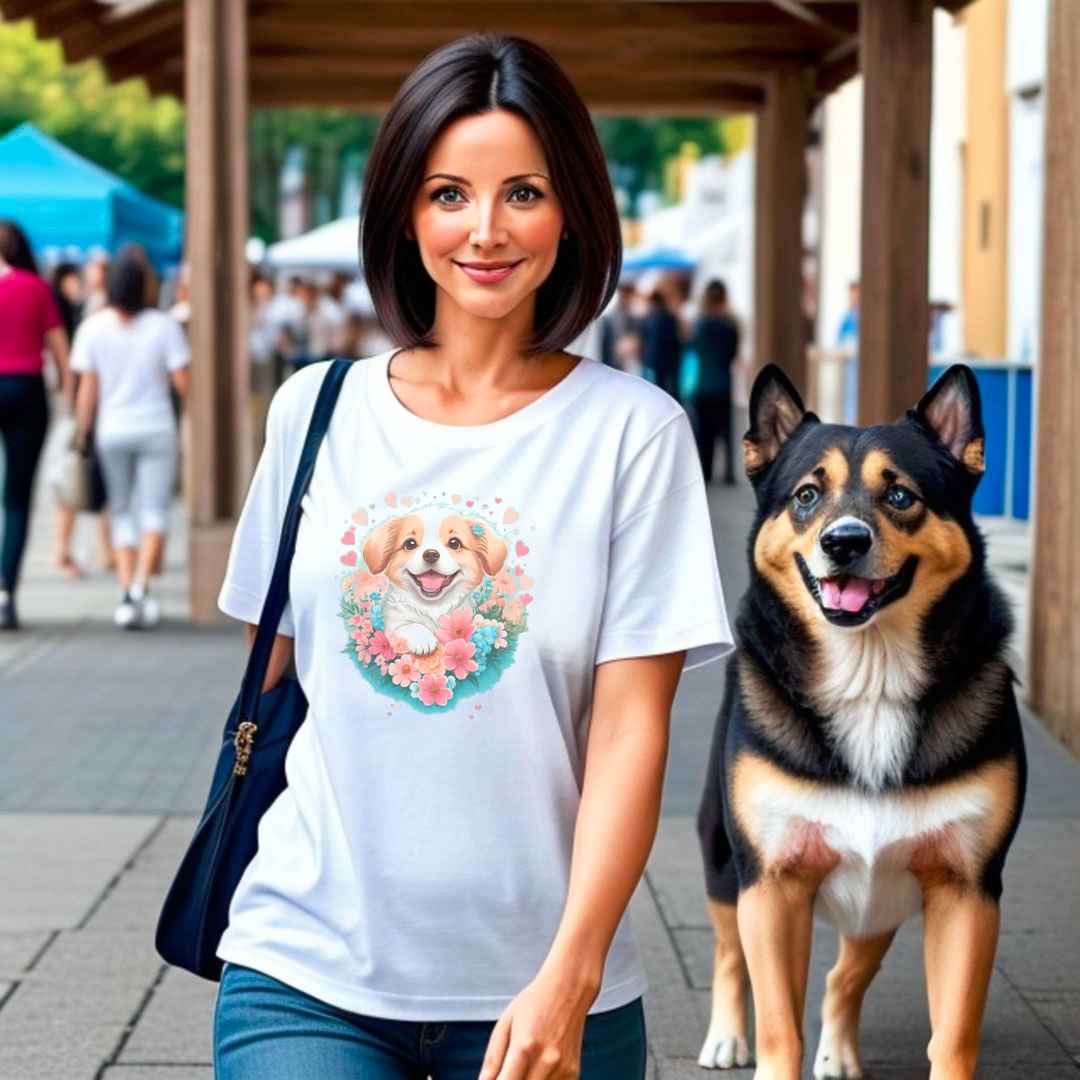 A detailed illustration, a print of Lively cute puppy dog with flowers around its neck on a white crew neck short sleeve t-shirt, a detailed drawing, furry art, made of flowers, digital illustration, detailed painting design, pastel palette color, in the style of Studio Ghibli, cute and quirky.