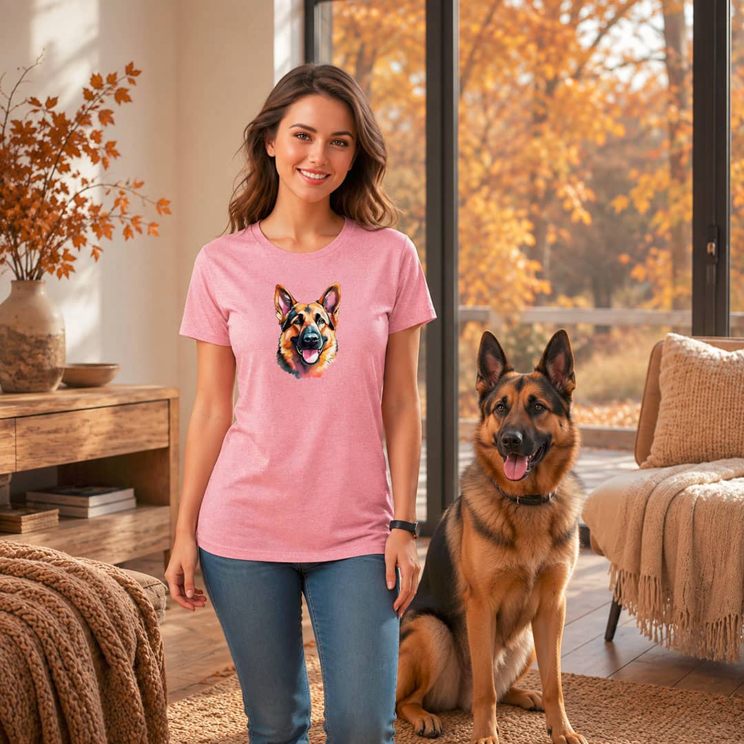Smiling woman wearing a pink T-shirt with a colorful German Shepherd graphic, standing beside a German Shepherd in a warm Scandinavian-inspired living room with golden autumn foliage visible through large windows.