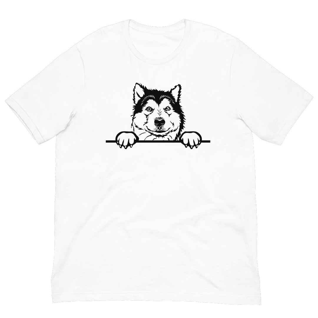 White cotton crew neck unisex  short sleeve tshirt, on the apparel is a black/white one-line  graphic of a cute alaskan malamute dog face,  putting it´s paws on the table. 