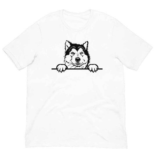 White cotton crew neck unisex  short sleeve tshirt, on the apparel is a black/white one-line  graphic of a cute alaskan malamute dog face,  putting it´s paws on the table. 