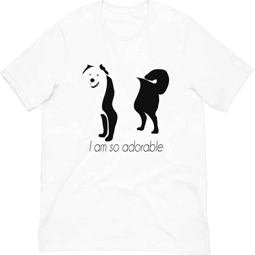 White cotton crew neck unisex  short sleeve tshirt, on the apparel is a black one-line graphic print silhouette of a cute Australian Shepherd standing with its tongue out. underneath the dog is the text " i am so adorable" in cap