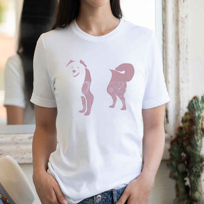  White cotton crew neck unisex  short sleeve tshirt, on the apparel is a graphic print silhouette of a cute Bernese Mountain standing with its tongue out the silhouette is with flowers and patterns in colors pink and purple reminds a bit of flower power"