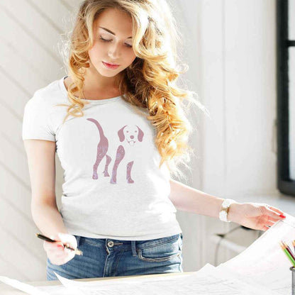 White cotton crew neck unisex  short sleeve tshirt, on the apparel is a graphic print silhouette of a cute shepherd standing with its tongue out the silhouette is with flowers and patterns in colors pink and purple reminds a bit of flower power