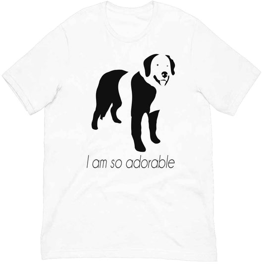  White cotton crew neck unisex  short sleeve tshirt, on the apparel is a black one-line graphic print silhouette of a cute Bernese Mountain dog standing with its tongue out. underneath the dog is the text " i am so adorable" in cap"