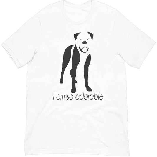 White cotton crew neck unisex  short sleeve tshirt, on the apparel is a black one-line graphic print silhouette of a cute Boxer dog standing with its tongue out. underneath the dog is the text " i am so adorable" in cap"