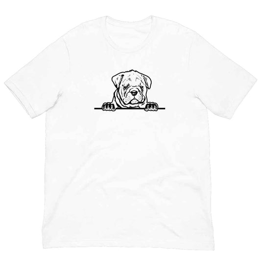 White cotton crew neck unisex  short sleeve tshirt, on the apparel is a black/white one-line  graphic of a cute bulldog dog face,  putting it´s paws on the table