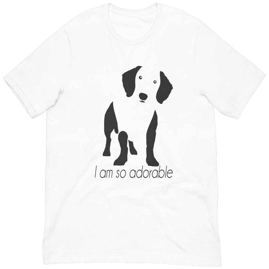 White cotton crew neck unisex  short sleeve tshirt, on the apparel is a black one-line graphic print silhouette of a cute Dachshund dog standing with its tongue out. underneath the dog is the text " i am so adorable" in cap"