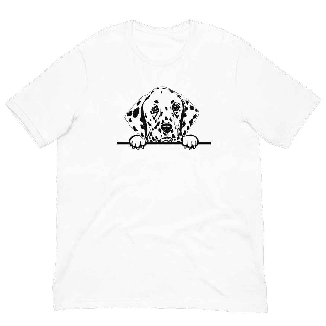 White cotton crew neck unisex  short sleeve tshirt, on the apparel is a black/white one-line  graphic of a cute dalmatian dog face,  putting it´s paws on the table