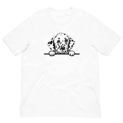 White cotton crew neck unisex  short sleeve tshirt, on the apparel is a black/white one-line  graphic of a cute dalmatian dog face,  putting it´s paws on the table