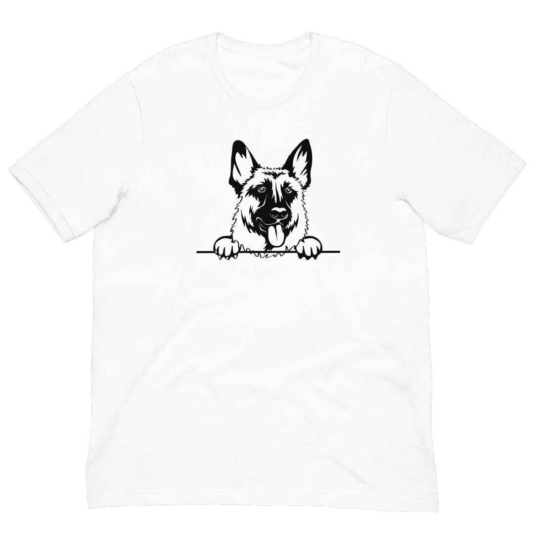 White cotton crew neck unisex  short sleeve tshirt, on the apparel is a black/white one-line  graphic of a cute German Shepherd dog face,  putting it´s paws on the table.