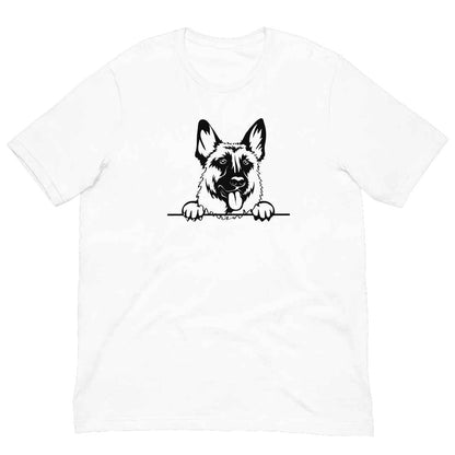 White cotton crew neck unisex  short sleeve tshirt, on the apparel is a black/white one-line  graphic of a cute German Shepherd dog face,  putting it´s paws on the table.