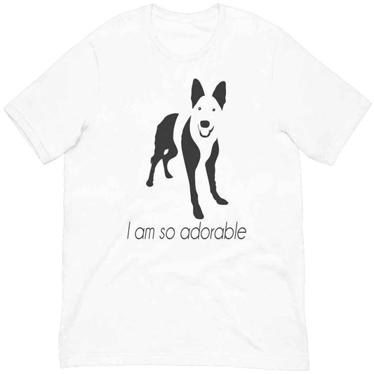 White cotton crew neck unisex  short sleeve tshirt, on the apparel is a black one-line graphic print silhouette of a cute German Shepherd dog standing with its tongue out. underneath the dog is the text " i am so adorable" in cap"