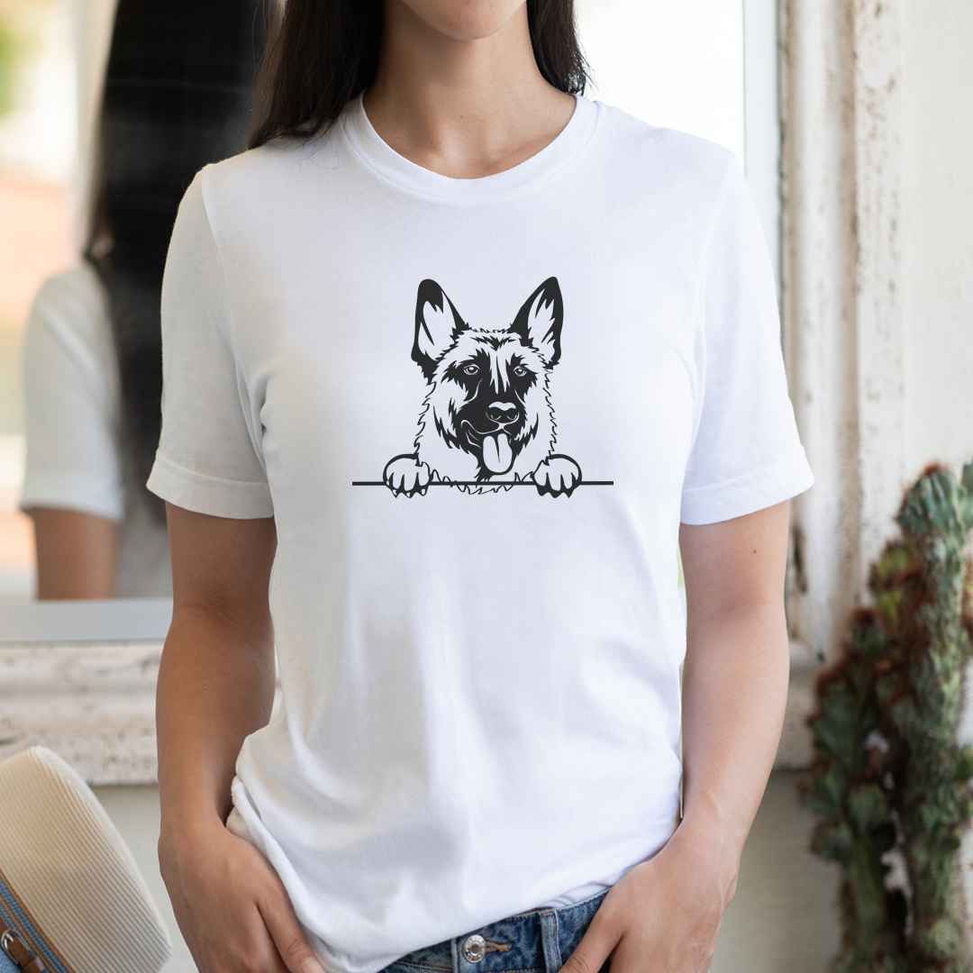 White cotton crew neck unisex  short sleeve tshirt, on the apparel is a black/white one-line  graphic of a cute German Shepherd dog face,  putting it´s paws on the table.