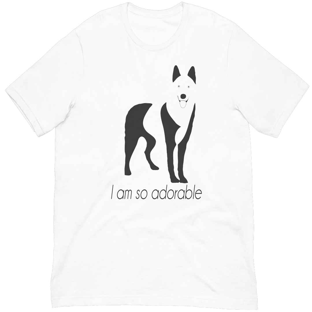 White cotton crew neck unisex  short sleeve tshirt, on the apparel is a black one-line graphic print silhouette of a cute husky standing with its tongue out. underneath the dog is the text " i am so adorable" in cap"